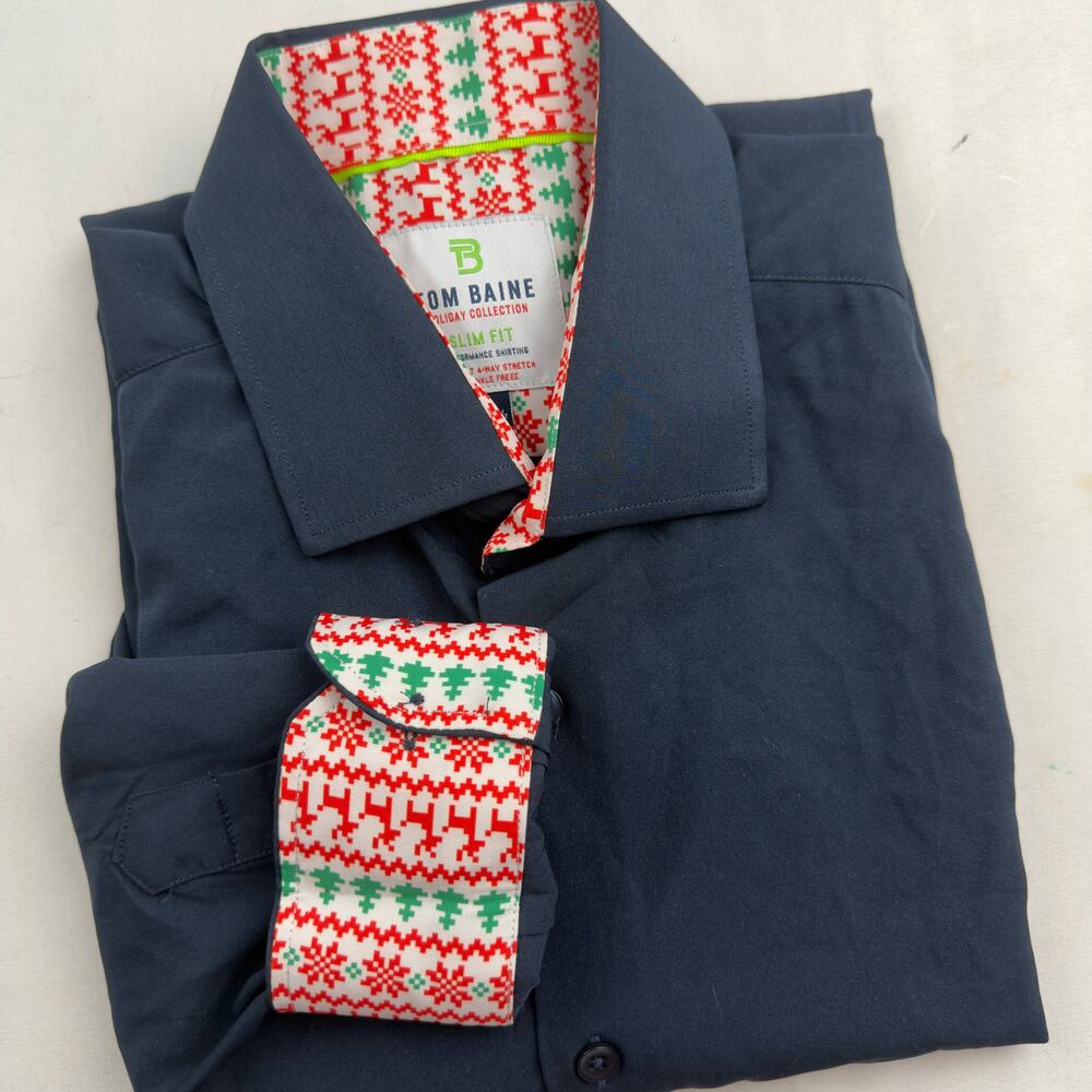 Tom Baine Holiday Christmas Tree Flip Cuff Slim Fit Performance Shirt LARGE